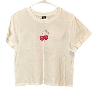 NWT Attitude Not Included Cherry Graphic Tee White Crop Shirt Medium